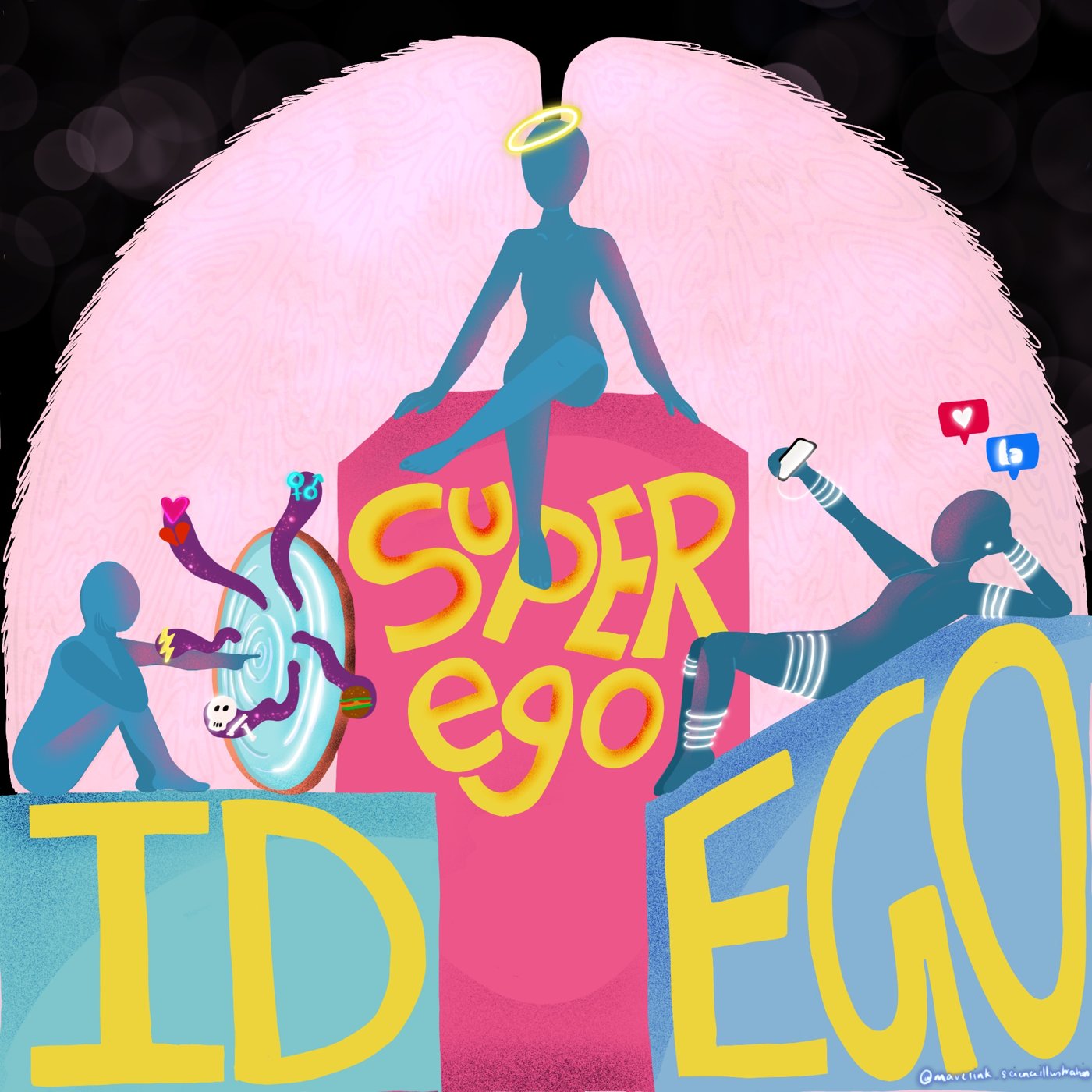 Id, Ego and Super-ego illustrated as figures on letters