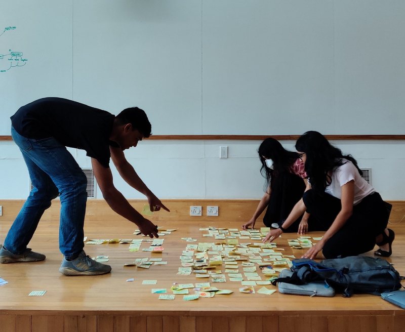 Young adults laying out notes on the floor